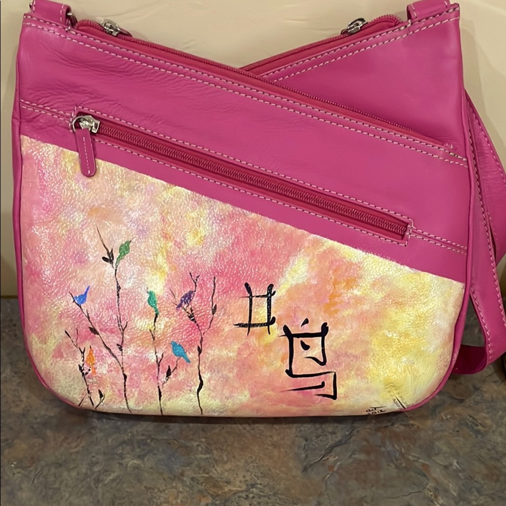 Pink High Quality Leather Crossbody Bag with Hand Painted Art